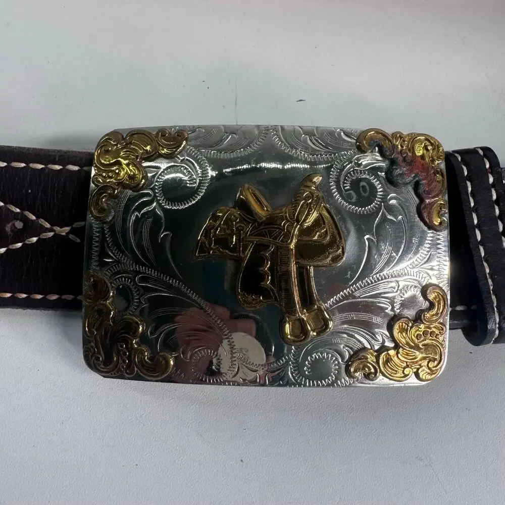 Vintage Cowboy Saddle Nickel Silver Cowboy Belt Buckle and Brown Woven Belt 45in